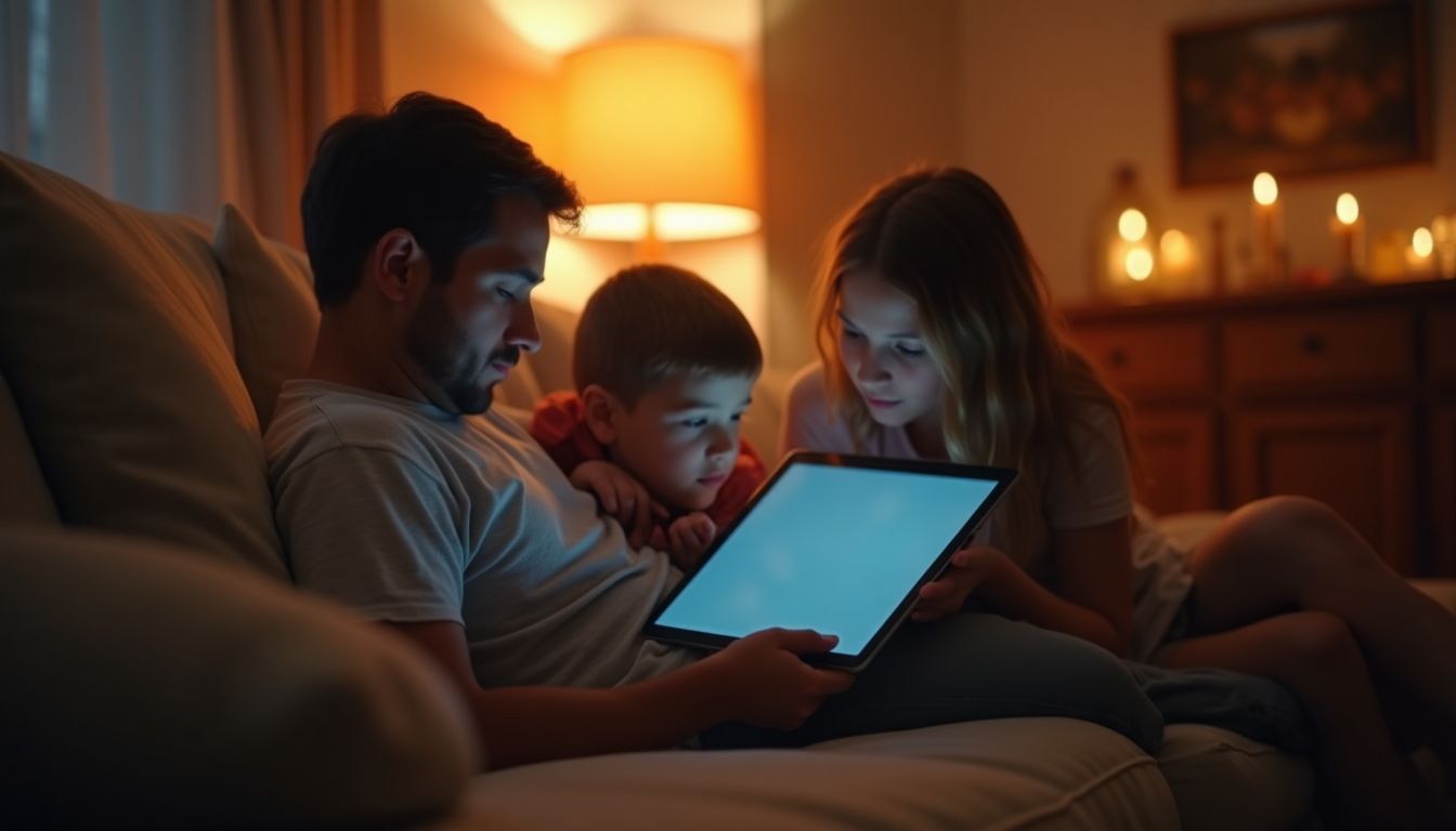 A parent and child looking at a tablet together on a navy sofa under soft sky-blue evening light, safe and warm family moment — family and everyday safety guide