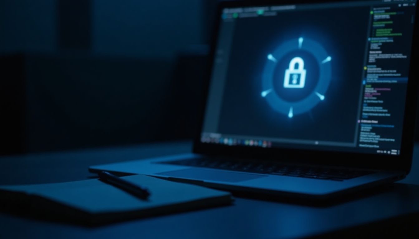 A laptop glowing sky blue in a dark navy room showing a password vault and privacy toggles, a fingerprint and shield softly lit on screen — passwords and privacy guide
