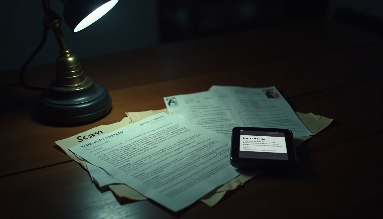 A calm hand holding a phone showing a suspicious email at a deep-navy desk, cool sky-blue screen light and a small shield motif in the corner — scam and fraud awareness guide